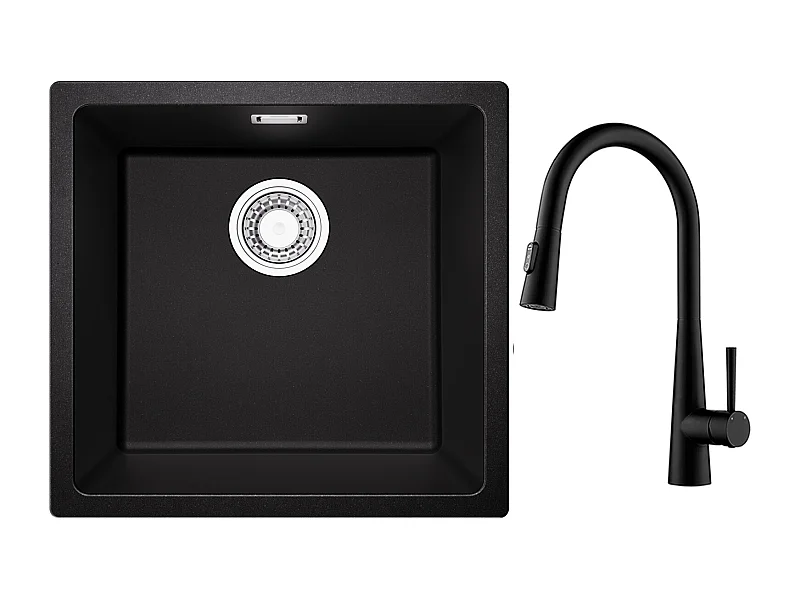 CECIPA MAX Evier 1 Bac en Quartz et Résine Noir Gris 45*44*20cm + Mitigeur de Cuisine avec Douchette Extractible Avec 3 Modes de Sortie D'eau Noir