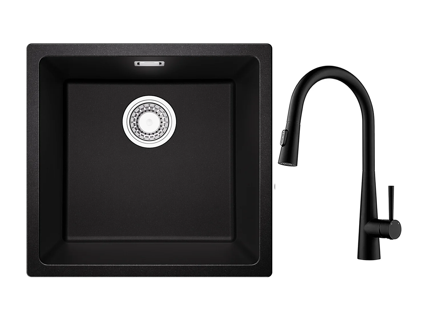 CECIPA MAX Evier 1 Bac en Quartz et Résine Noir Gris 45*44*20cm + Mitigeur de Cuisine avec Douchette Extractible Avec 3 Modes de Sortie D'eau Noir