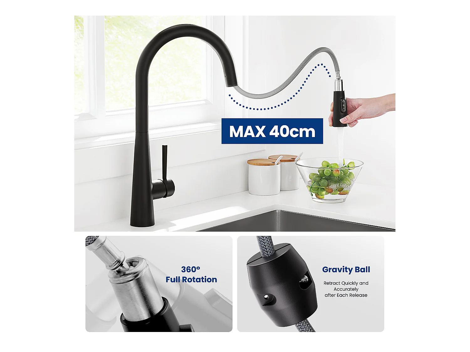 CECIPA MAX Evier 1 Bac en Quartz et Résine Noir Gris 45*44*20cm + Mitigeur de Cuisine avec Douchette Extractible Avec 3 Modes de Sortie D'eau Noir