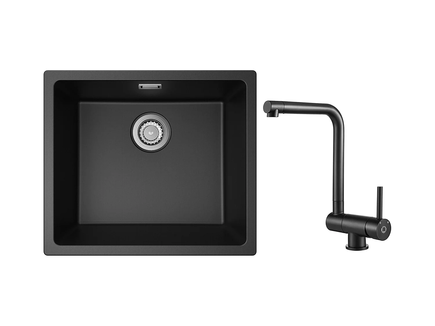 Evier 1 Bac en Quartz et Résine, 3 Options de Montage, 50*44*20cm + Mitigeur de Cuisine Rabattable Noir