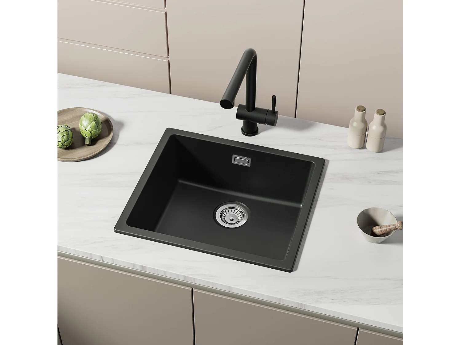 Evier 1 Bac en Quartz et Résine, 3 Options de Montage, 50*44*20cm + Mitigeur de Cuisine Rabattable Noir