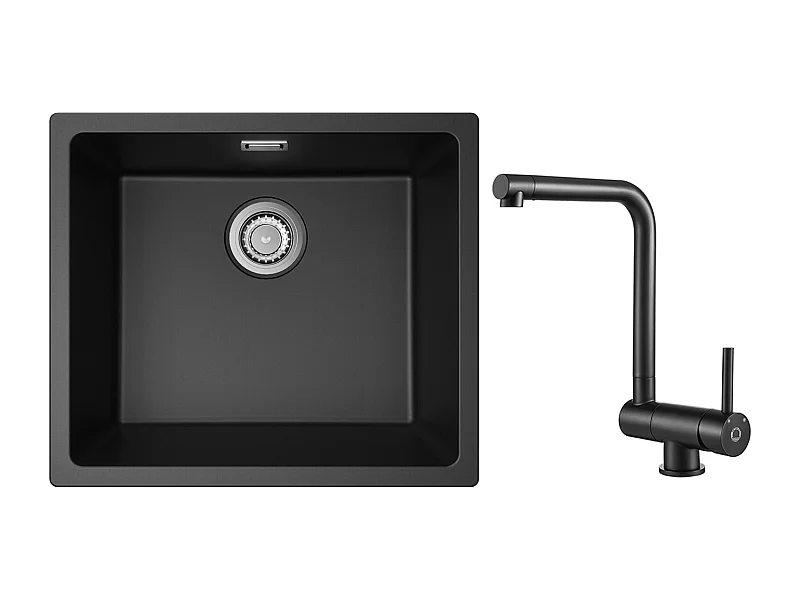 Evier 1 Bac en Quartz et Résine, 3 Options de Montage, 50*44*20cm + Mitigeur de Cuisine Rabattable Noir