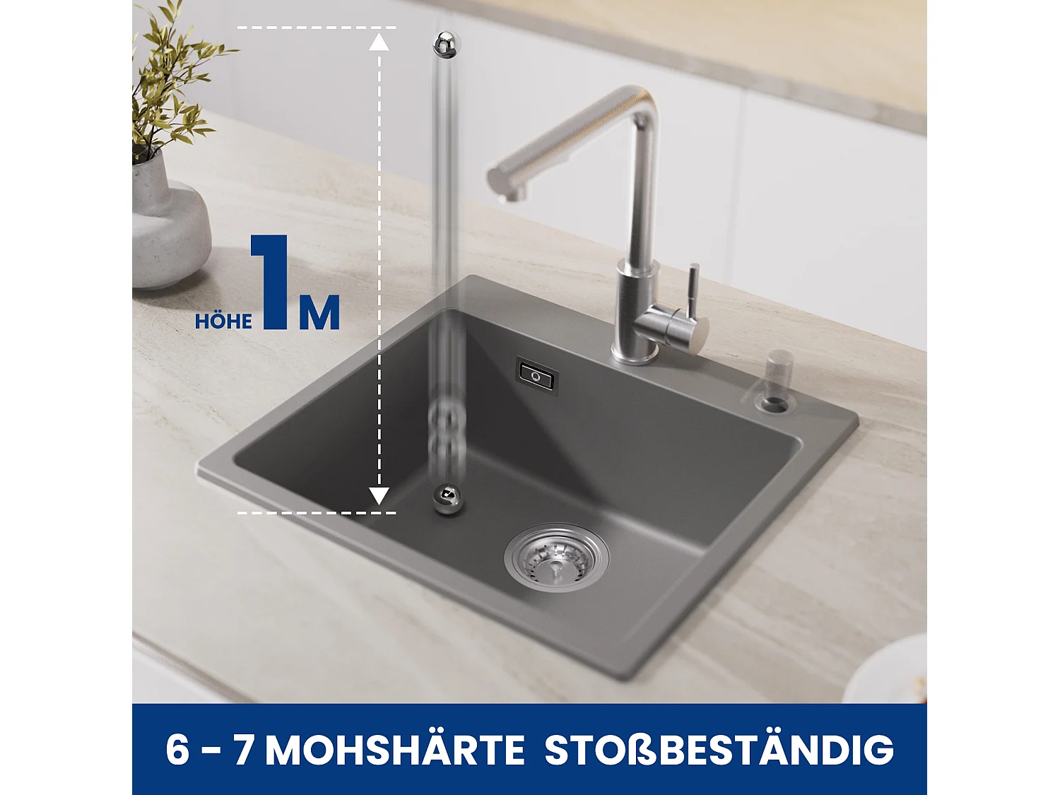 Cecipa max 1 wastafel grijs 50x45cm kwarts en hars keukenspoelbak 1 wastafel inbouwspoelbak + 300ML geborstelde zeepdispenser