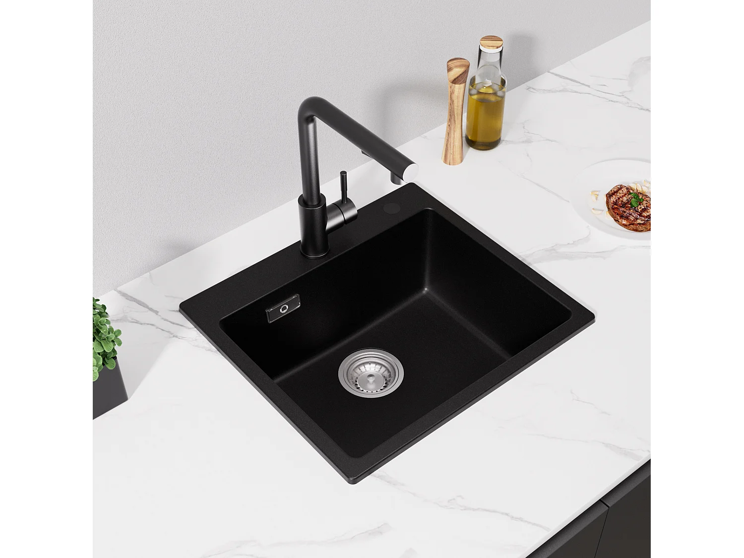 CECIPA MAX Evier Quartz Noir 50x45cm Evier 1 Bac en Quartz et Résine + Mitigeur de Cuisine Avec Douchette Extractible, 2 Modes de Sortie D'eau, Noir