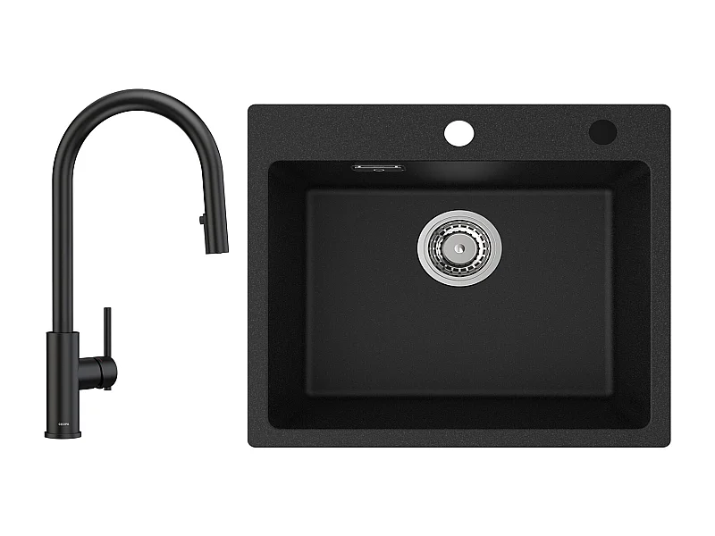 CECIPA MAX Evier Quartz Noir 50x45cm Evier 1 Bac en Quartz et Résine + Mitigeur de Cuisine Avec Douchette Extractible, 2 Modes de Sortie D'eau, Noir