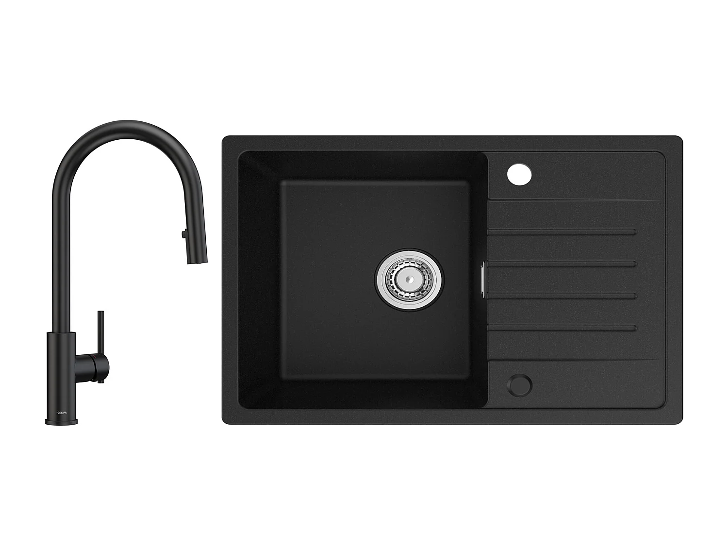 Evier 1 Bac avec Egouttoir, 78x45cm Evier en Quartz et résine Noir + Mitigeur de Cuisine Avec Douchette Extractible, 2 Modes de Sortie D'eau, Noir