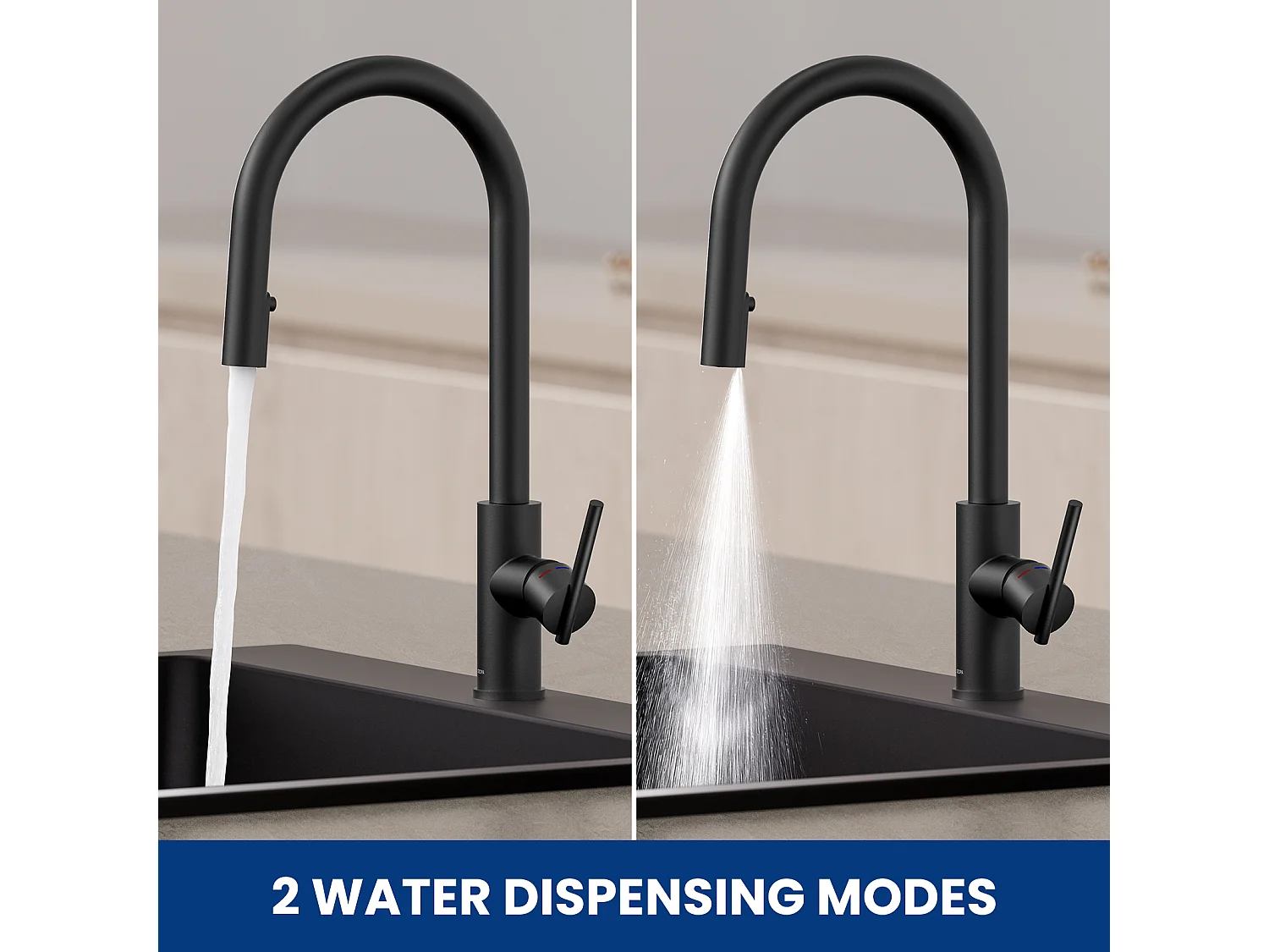 Evier 1 Bac avec Egouttoir, 78x45cm Evier en Quartz et résine Noir + Mitigeur de Cuisine Avec Douchette Extractible, 2 Modes de Sortie D'eau, Noir