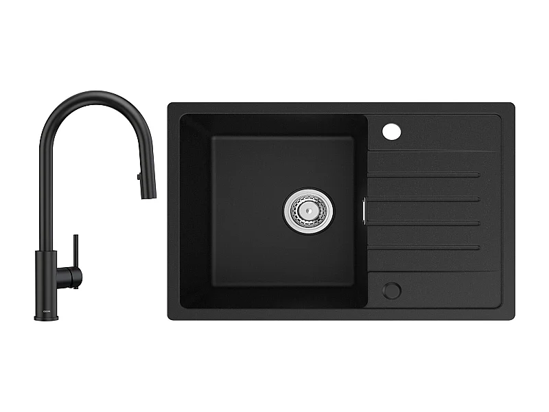 Evier 1 Bac avec Egouttoir, 78x45cm Evier en Quartz et résine Noir + Mitigeur de Cuisine Avec Douchette Extractible, 2 Modes de Sortie D'eau, Noir