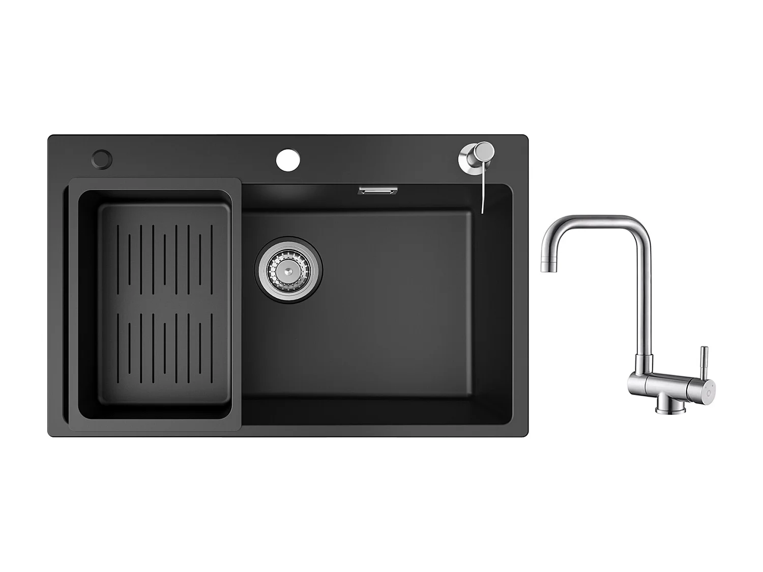 Cecipa max Evier 1 Bac en Quartz avec Panier de Vidange et Distributeur de Savon 70x45cm + Robinet Rabattable Mitigeur de Evier Repliable Brossé