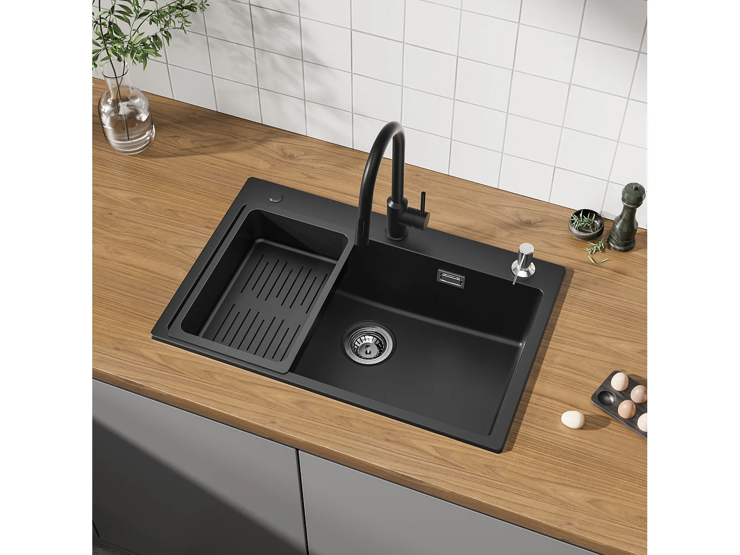 Cecipa max Evier 1 Bac en Quartz avec Panier de Vidange et Distributeur de Savon 70x45cm + Robinet Rabattable Mitigeur de Evier Repliable Brossé