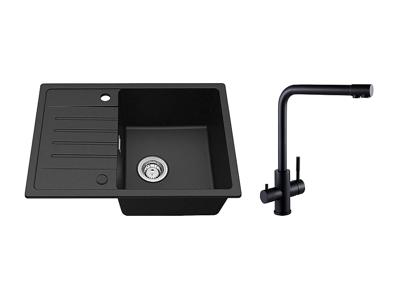Schwarzes Unterbauspülbecken mit Einzelbecken und Abtropffläche, Quarz und Kunstharz, 65 x 45 cm + 3-Wege-Spülbeckenmischbatterie, 2 Hebel, Schwarz