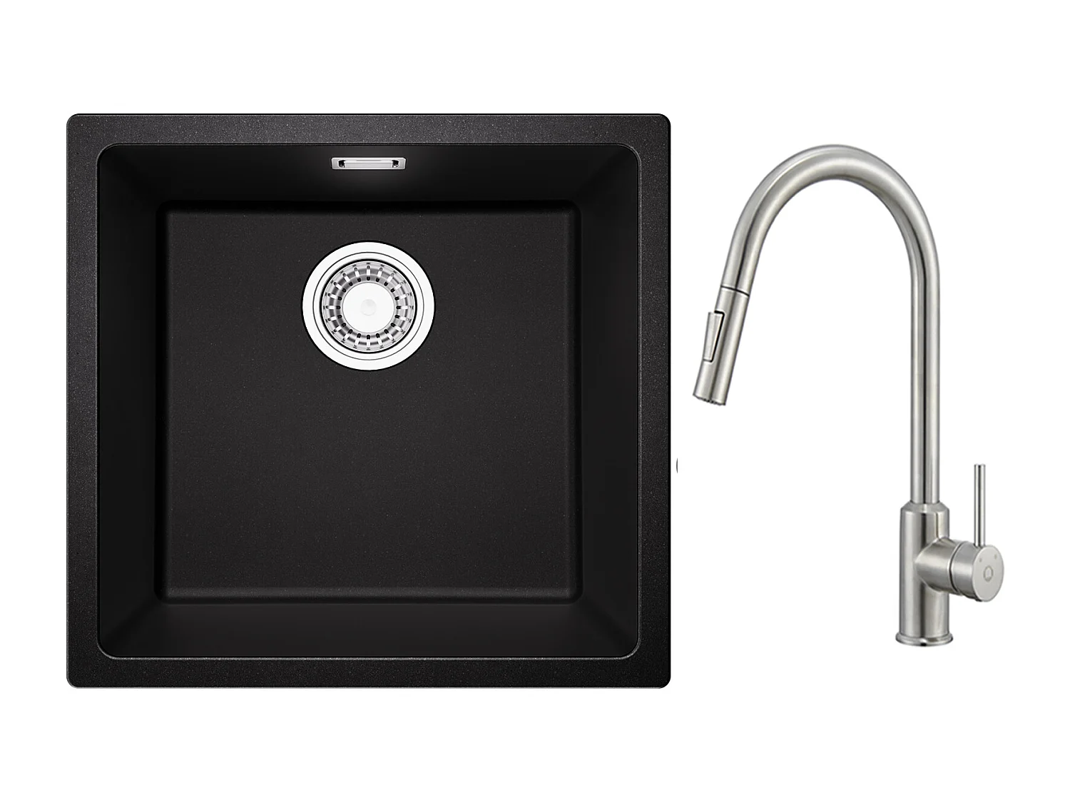 CECIPA MAX Evier 1 Bac en Quartz et Résine Noir Gris 45*44*20cm + Mitigeur avec Douchette Extractible 2 Modes de Sortie D'eau