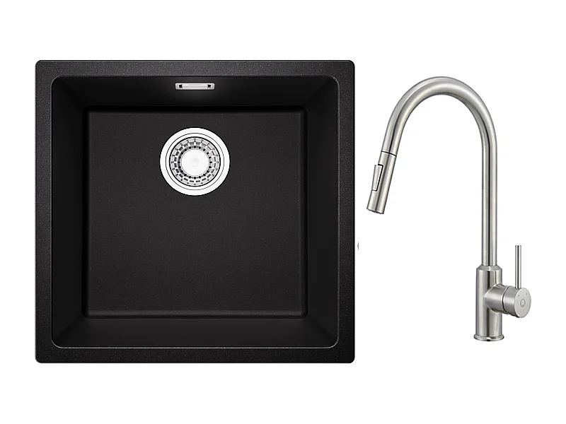 CECIPA MAX Evier 1 Bac en Quartz et Résine Noir Gris 45*44*20cm + Mitigeur avec Douchette Extractible 2 Modes de Sortie D'eau