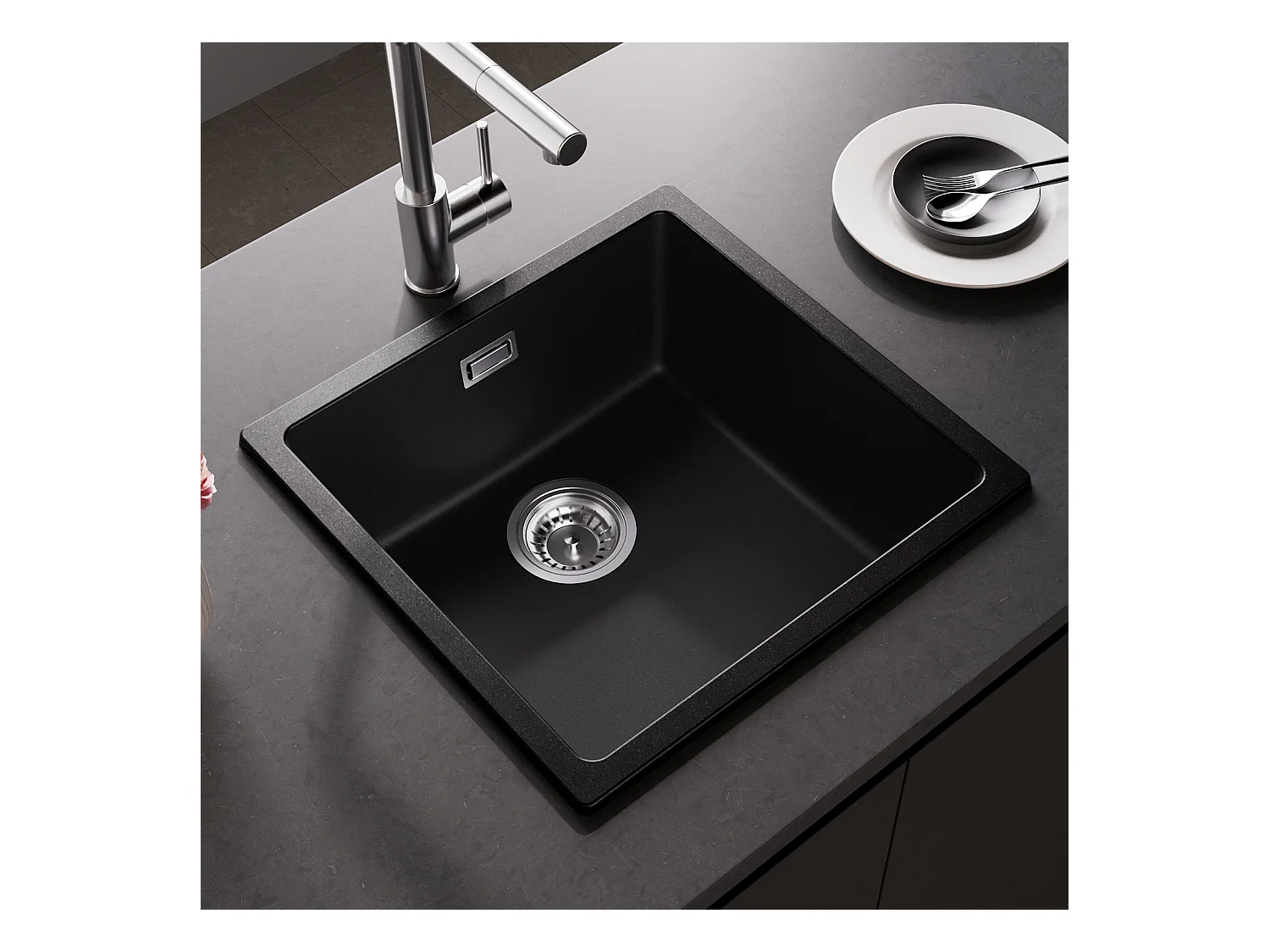 Lavello 1 Vasca in Quarzo e Resina, 3 Possibilità di Montaggio, 45*44*20cm + Miscelatore Cucina Con Doccia Estraibile
