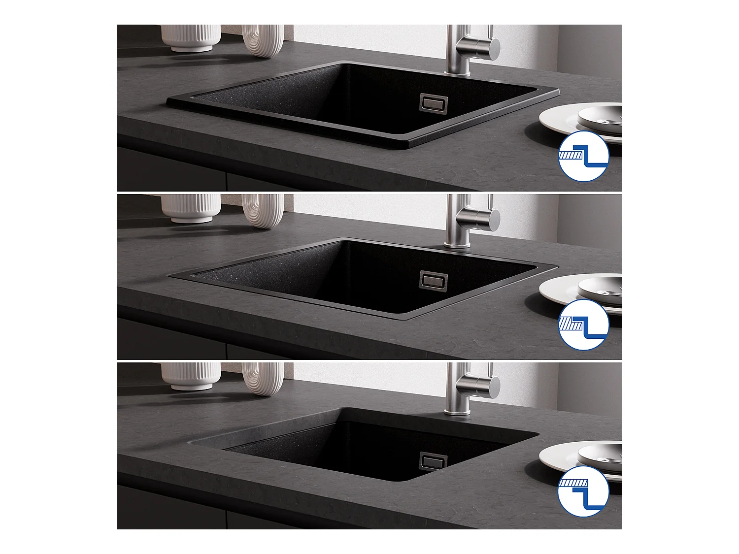 Lavello 1 Vasca in Quarzo e Resina, 3 Possibilità di Montaggio, 45*44*20cm + Miscelatore Cucina Con Doccia Estraibile