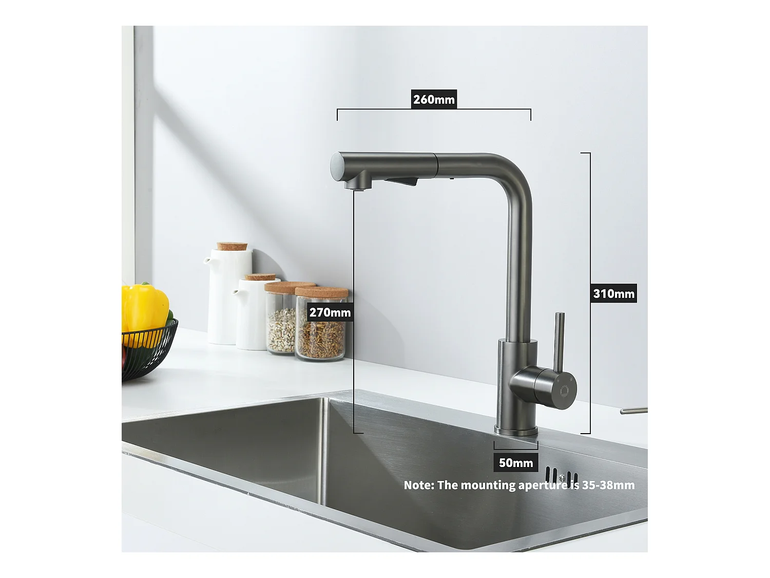 Lavello 1 Vasca in Quarzo e Resina, 3 Possibilità di Montaggio, 45*44*20cm + Miscelatore Cucina Con Doccia Estraibile