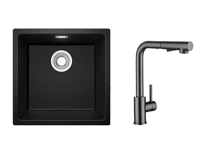 Evier 1 Bac en Quartz et Résine, 3 Options de Montage, 45*44*20cm + Mitigeur Cuisine Avec Douchette Extractible