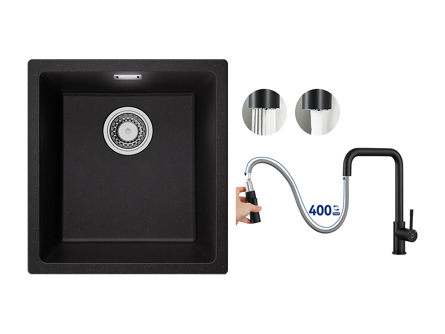 Fregadero de 1 Lavabo en Cuarzo y Resina, 3 Opciones de Montaje, 40*44*20cm + Grifo Monomando con Ducha Extraíble, Negro