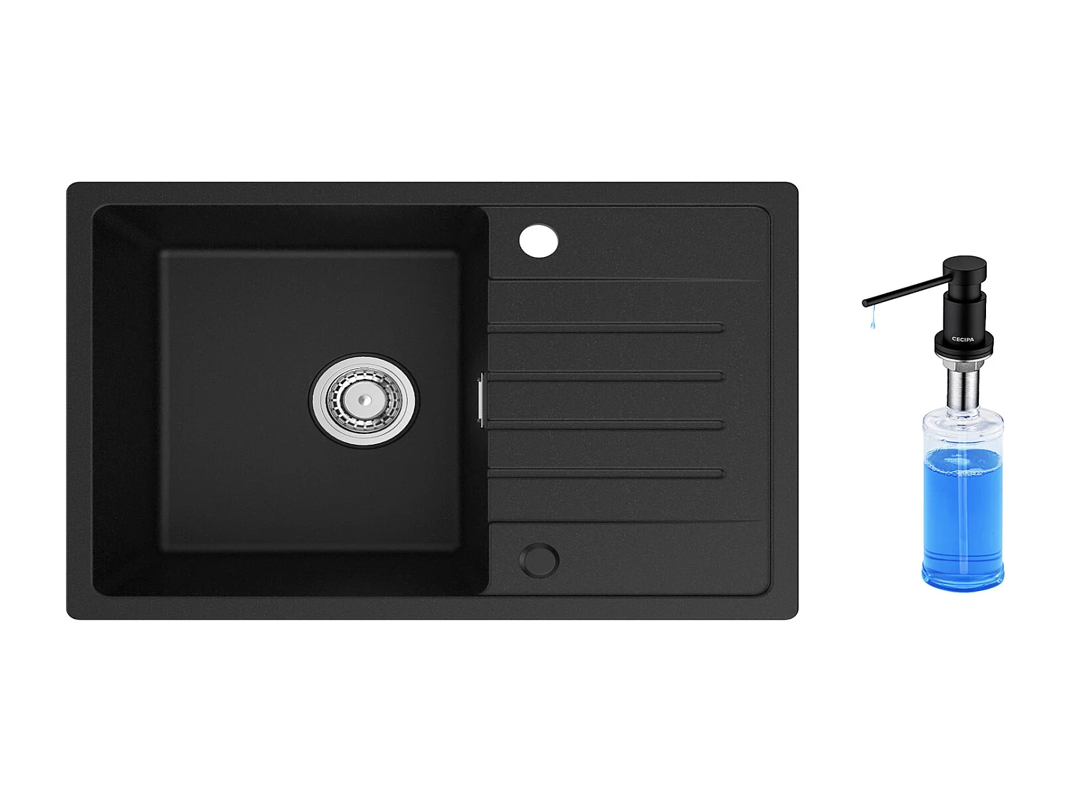Cecipa max 78x45cm Evier 1 Bac avec Egouttoir Evier à encastrer Quartz et résine Noir + 300ML Distributeur de Savon Noir