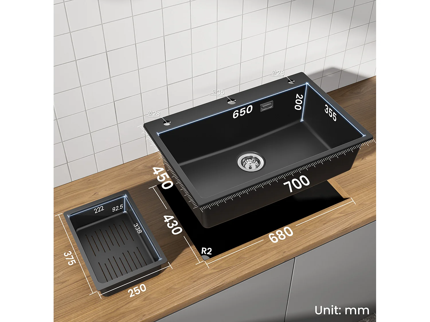 Cecipa max Evier 1 Bac en Quartz et Résine avec Panier de Vidange et Distributeur de Savon 70x45cm + Mitigeur Cuisine avec Douchette Extractible Noir