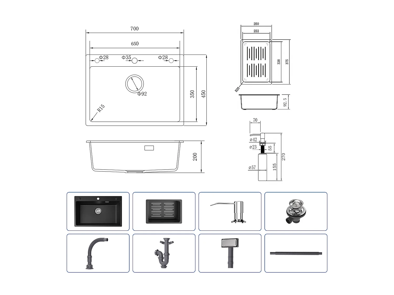 Cecipa max Evier 1 Bac en Quartz et Résine avec Panier de Vidange et Distributeur de Savon 70x45cm + Mitigeur Cuisine avec Douchette Extractible Noir