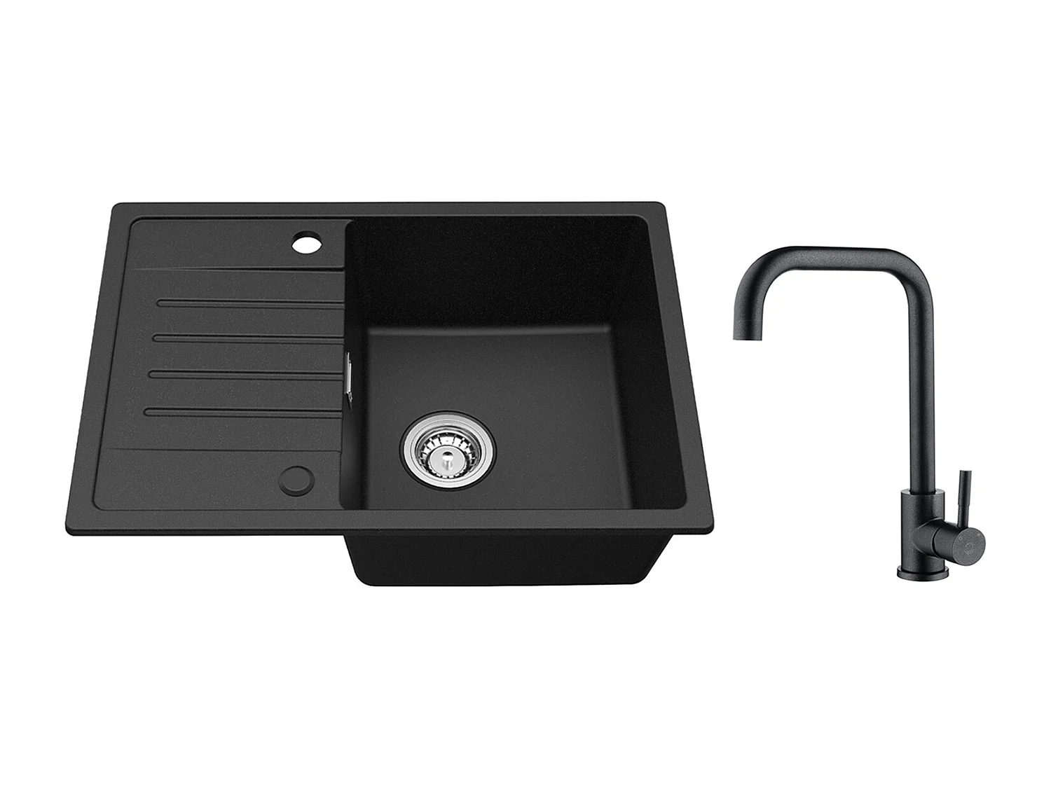 Noir Evier à Encastrer 1 Bac avec Egouttoir, Quartz et Résine, 65x45cm + Mitigeur de Cuisine en Inox Noir étoilé avec Bec Haut et Incurvé