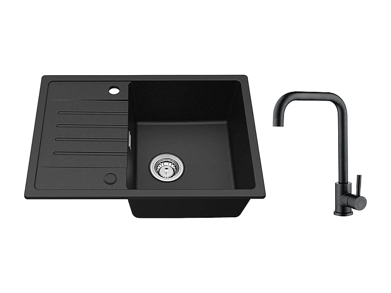 Lavello Incasso Nero 1 Vasca con Gocciolatoio, Quarzo e Resina, 65x45cm + Miscelatore Cucina Starry Black in Acciaio Inox con Bocca Alta e Curva