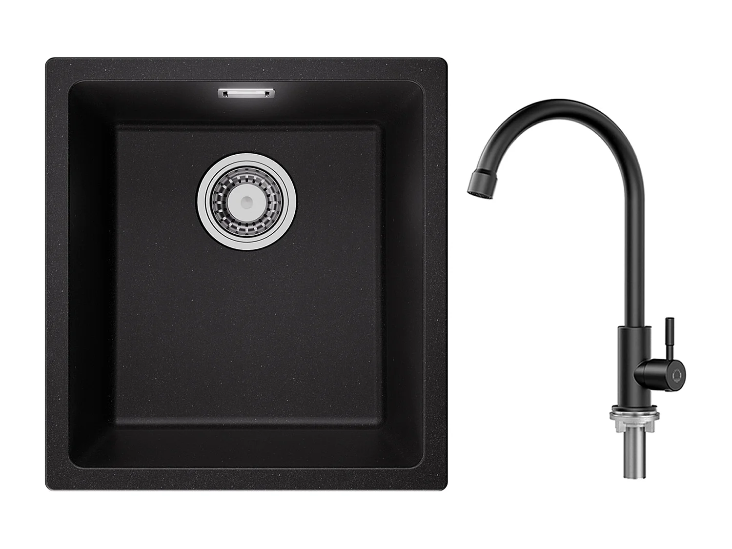 Evier 1 Bac en Quartz et Résine, 3 Options de Montage, 40*44*20cm + Robinet de Cuisine à eau Froide,Noir