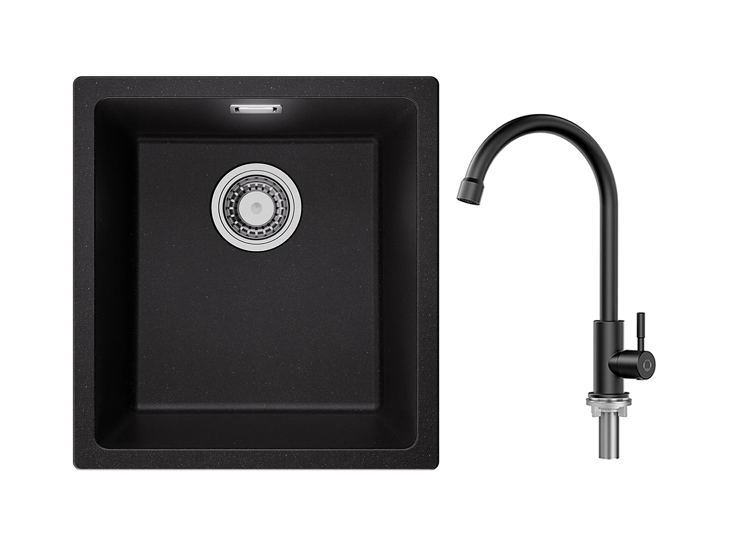 Fregadero de 1 Sena en Cuarzo y Resina, 3 Opciones de Montaje, 40*44*20cm + Grifo de Cocina de Agua Fría, Negro
