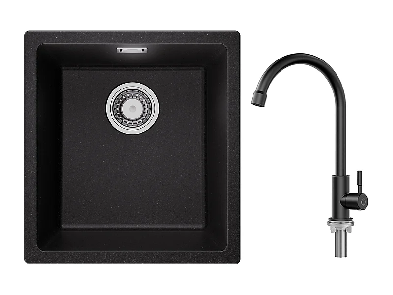 Evier 1 Bac en Quartz et Résine, 3 Options de Montage, 40*44*20cm + Robinet de Cuisine à eau Froide,Noir