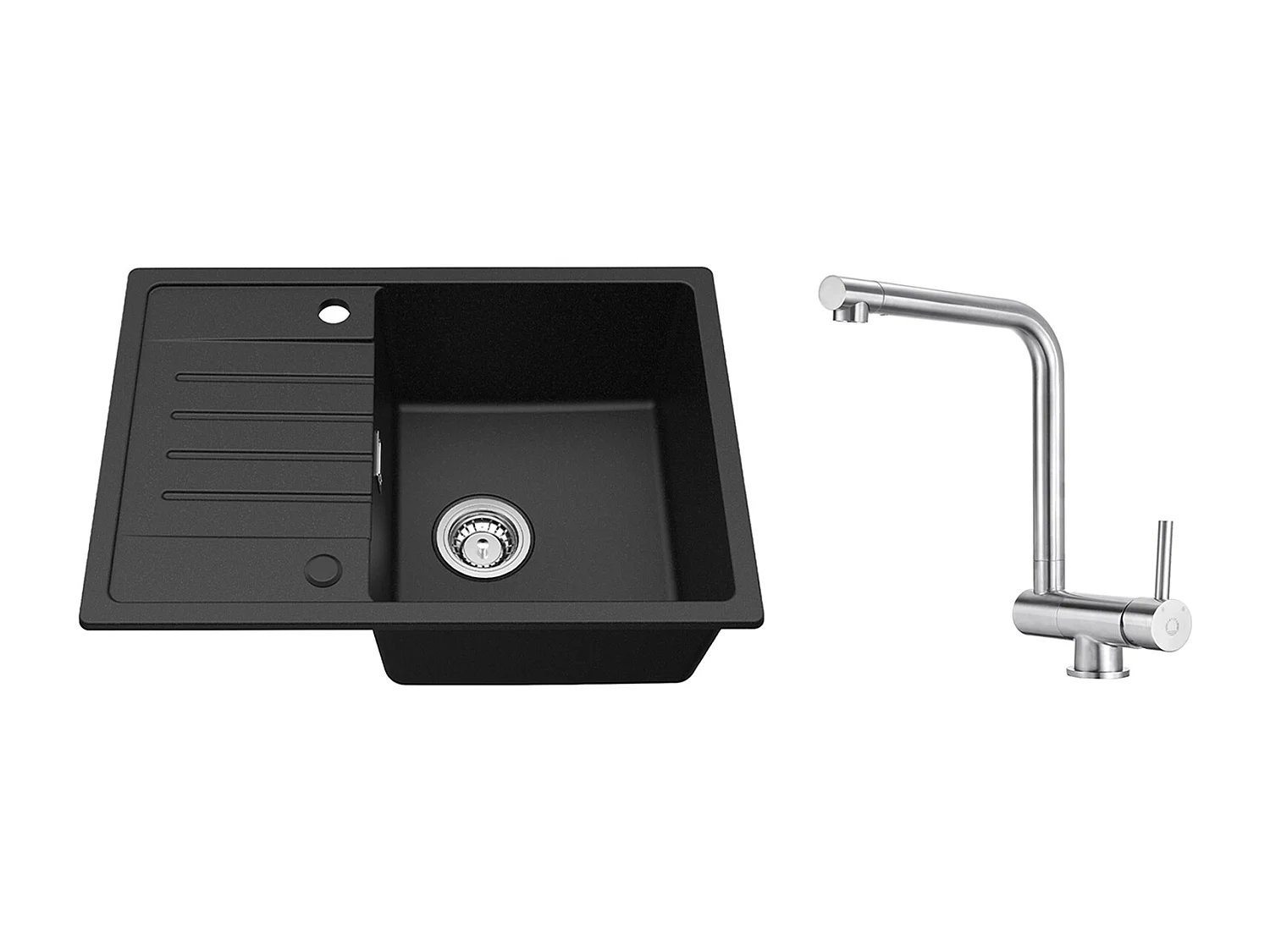 Fregadero encastrable de 1 seno con escurridor negro, cuarzo y resina, 65x45 cm + mezclador de cocina plegable cepillado