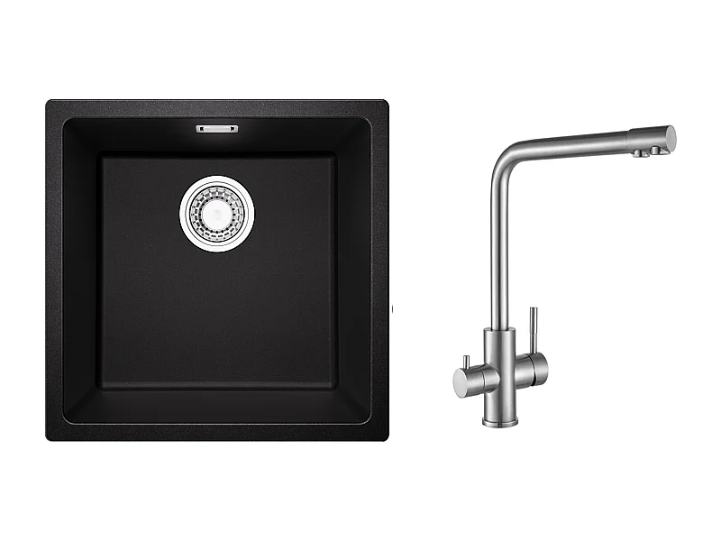 Evier 1 Bac en Quartz et Résine, 3 Options de Montage, 45*44*20cm + Mitigeur Cuisine pour Sstème D'osmose