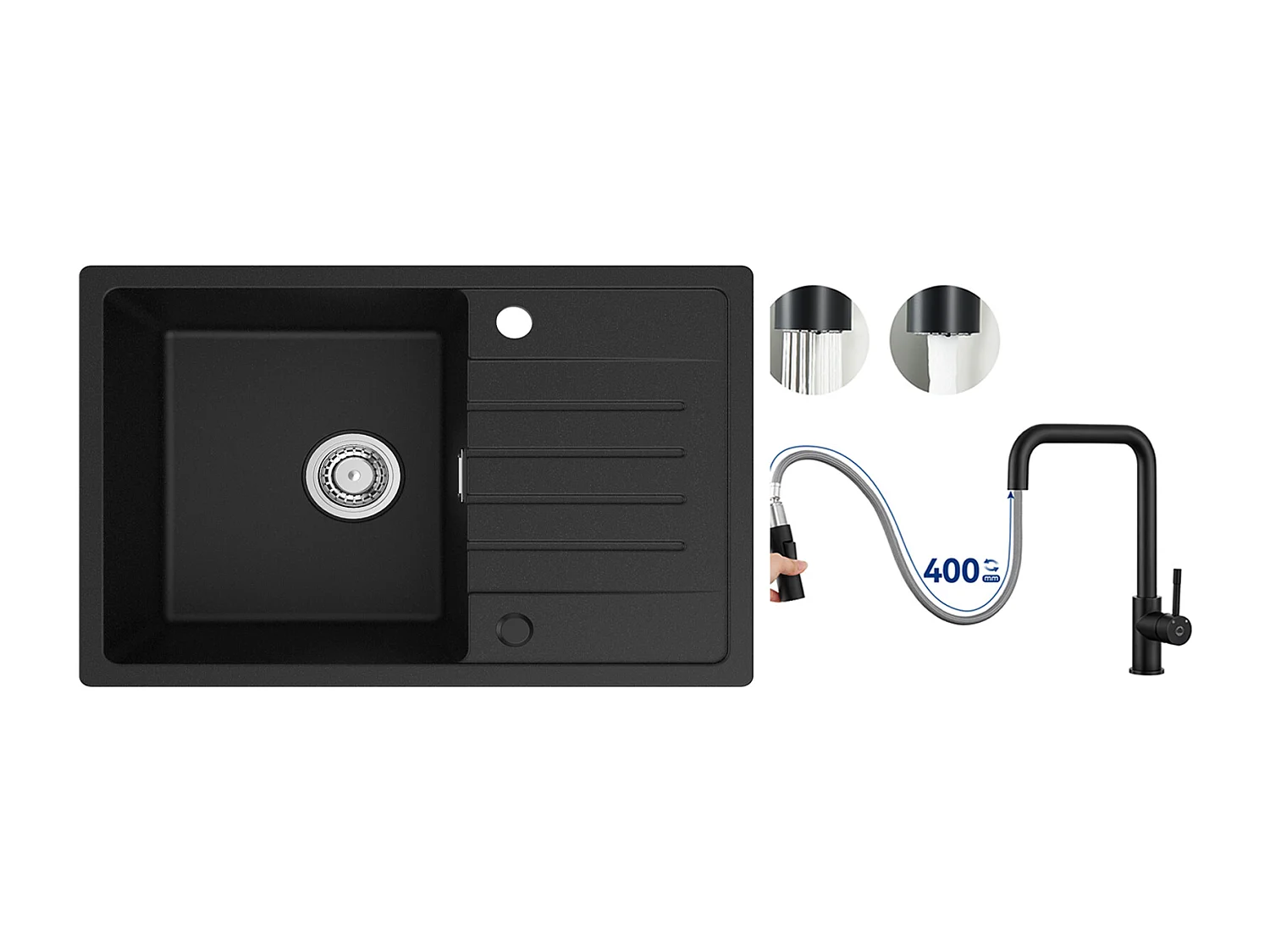 Fregadero de 1 seno de cuarzo y resina - Fregadero negro con escurridor 78x45 cm + Mezclador con ducha extraíble, negro