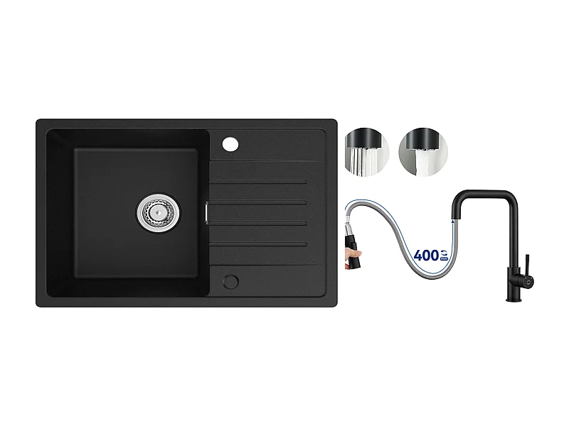 Evier 1 Bac en Quartz et Résine - Noir Evier avec Egouttoir 78x45cm + Mitigeur avec Douchette Extractible, Noir