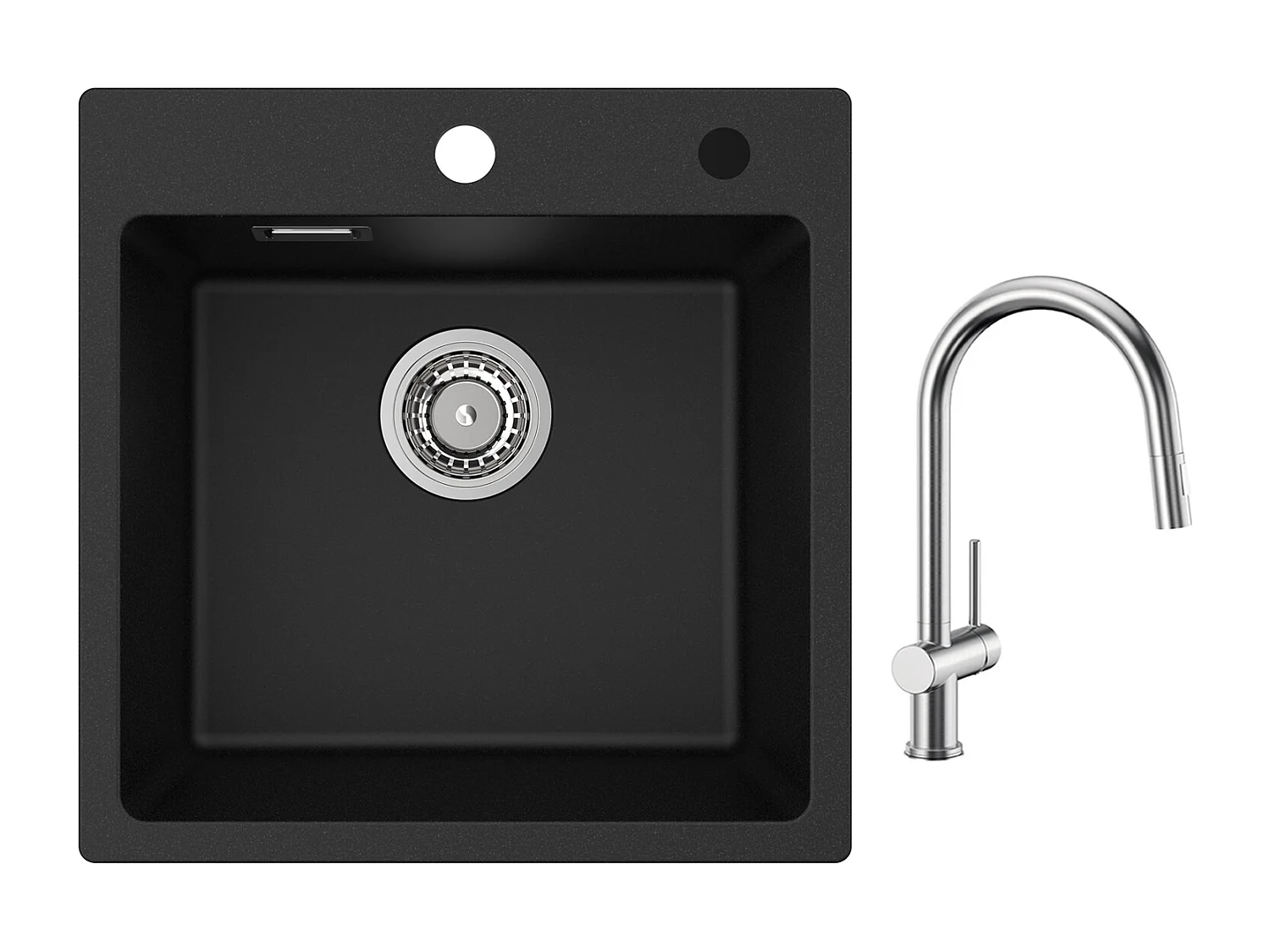 Cecipa max 45x45cm zwarte quartz spoelbak 1 spoelbak in kwarts en hars keukenspoelbak + keukenmengkraan met geborstelde uittrekbare spray