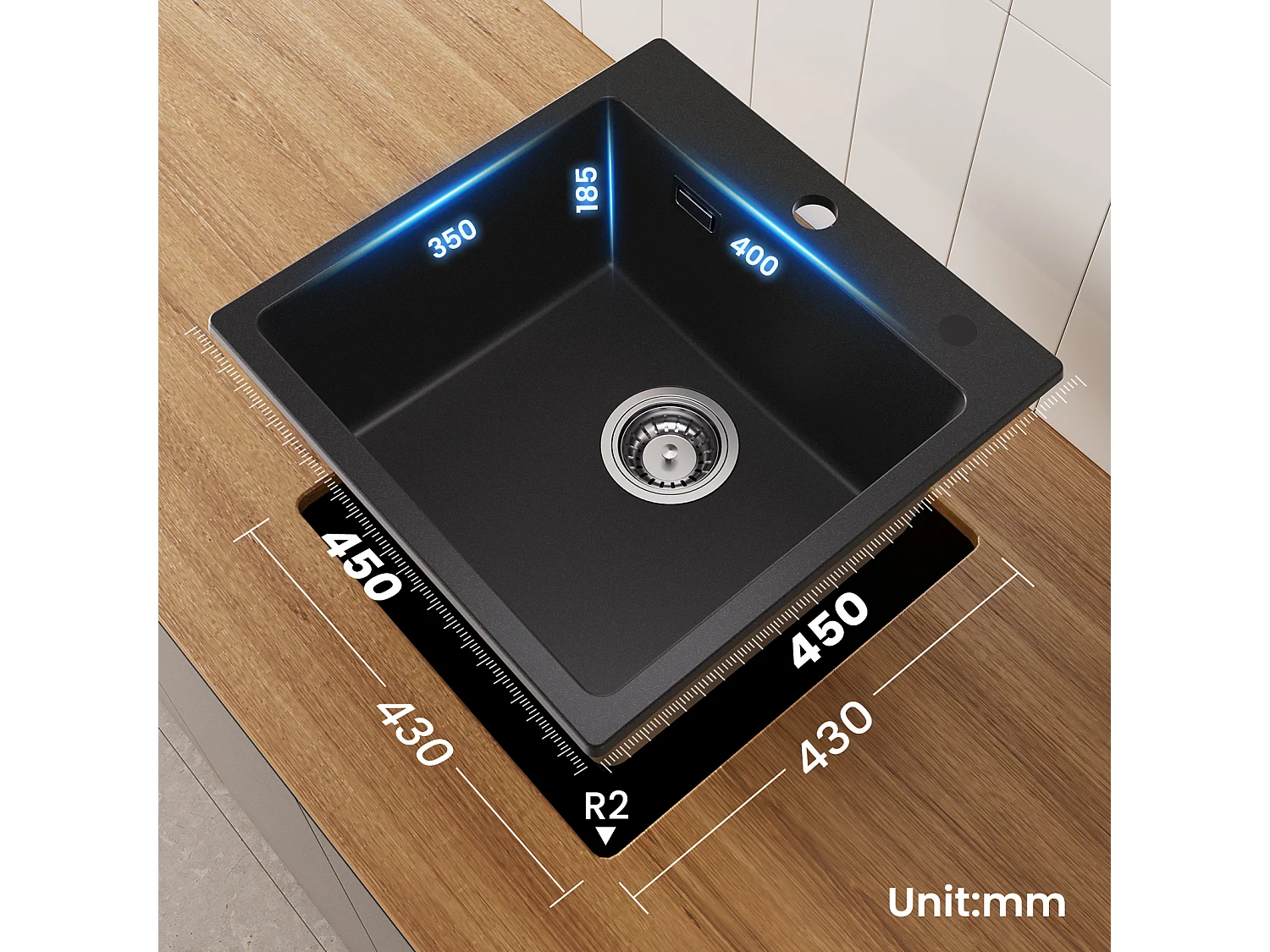 Cecipa max 45x45cm zwarte quartz spoelbak 1 spoelbak in kwarts en hars keukenspoelbak + keukenmengkraan met geborstelde uittrekbare spray