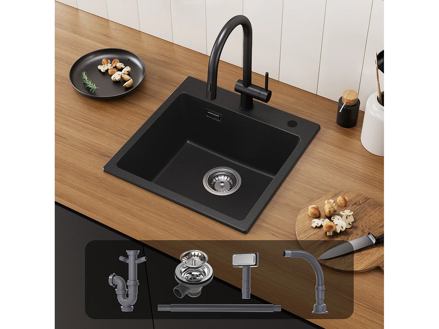 Cecipa max 45x45cm Evier Quartz Noir Evier 1 Bac en Quartz et Résine Evier de Cuisine + Mitigeur de Cuisine avec Douchette Extractible Brossé