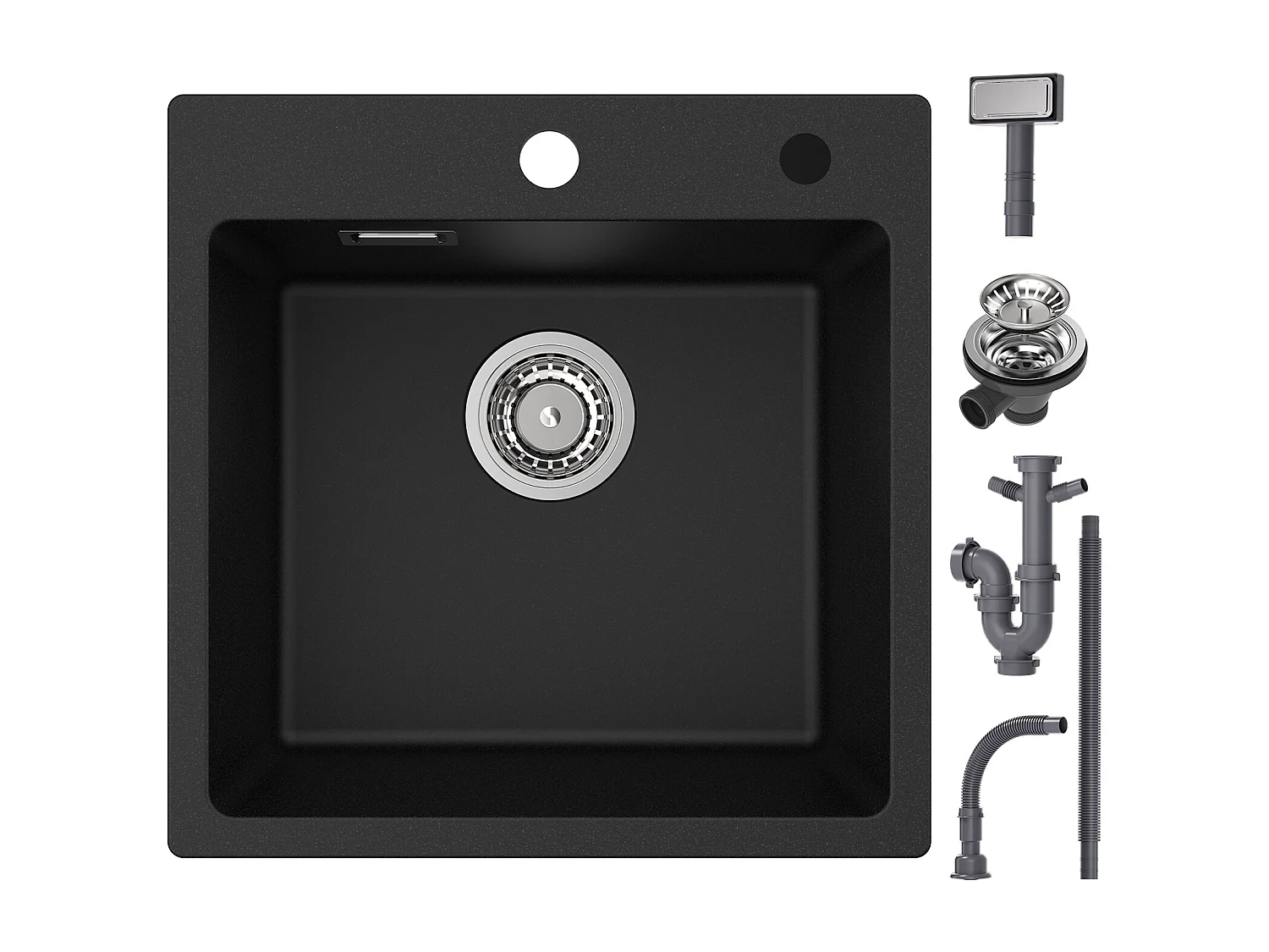 Cecipa max 45x45cm Evier Quartz Noir Evier 1 Bac en Quartz et Résine Evier de Cuisine + Mitigeur de Cuisine avec Douchette Extractible Brossé