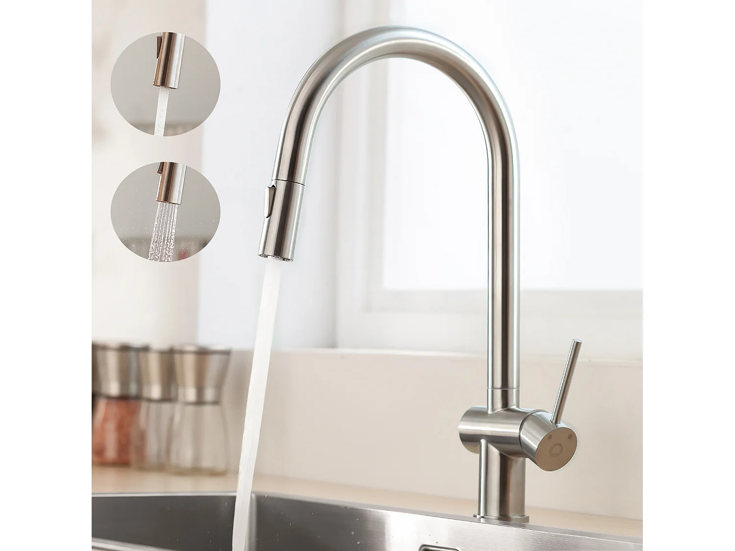 Cecipa max 45x45cm Evier Quartz Noir Evier 1 Bac en Quartz et Résine Evier de Cuisine + Mitigeur de Cuisine avec Douchette Extractible Brossé