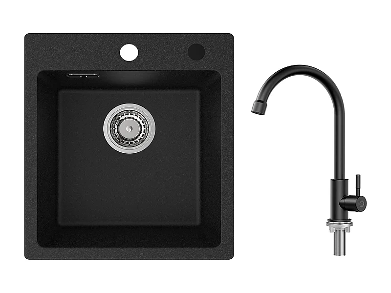 Cecipa MAX 40x45cm zwarte keukenspoelbak in kwarts en hars 1 spoelbak + koud water keukenkraan, zwart