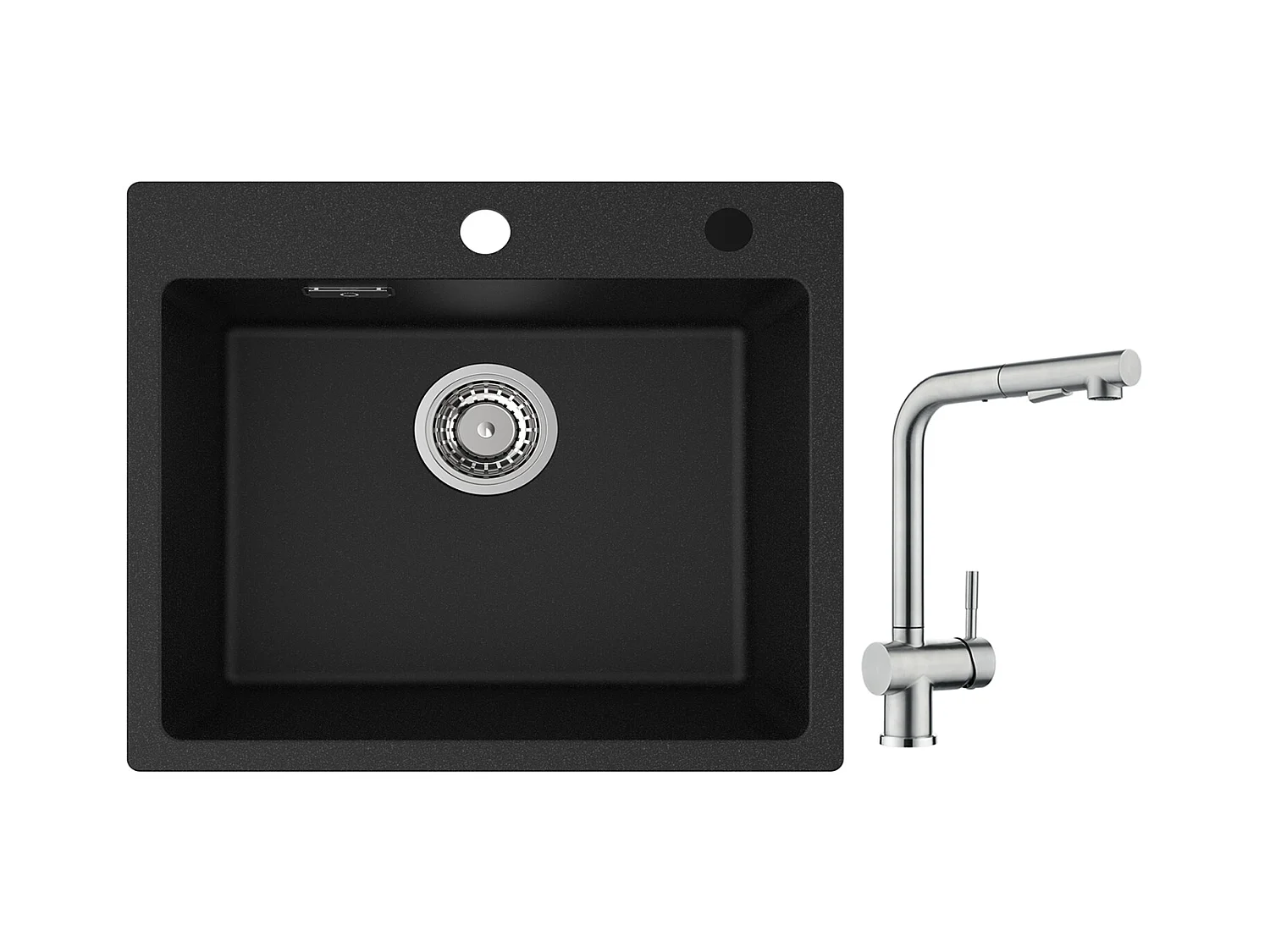 Cecipa max Lavello in Quarzo Nero 50x45 cm Lavello in Quarzo 1 vasca Lavello da Cucina in Granito + Rubinetto con Miscelatore Lavello Estraibile Doccetta Spazzolato