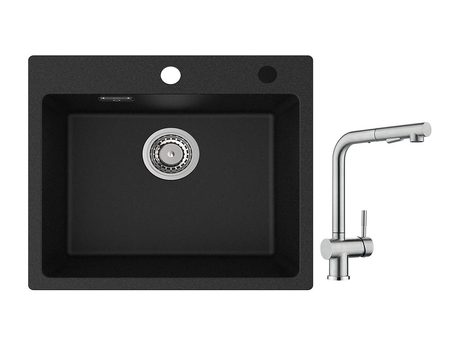 Cecipa max zwarte quartz spoelbak 50x45cm 1 bak quartz spoelbak graniet keukenspoelbak + kraan met sproeier uittrekbare spoelbakmengkraan geborsteld