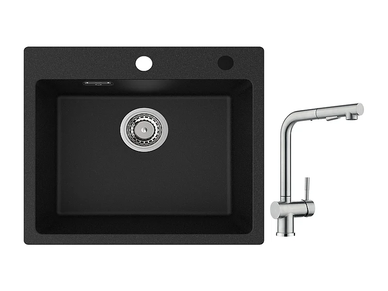 Cecipa max zwarte quartz spoelbak 50x45cm 1 bak quartz spoelbak graniet keukenspoelbak + kraan met sproeier uittrekbare spoelbakmengkraan geborsteld