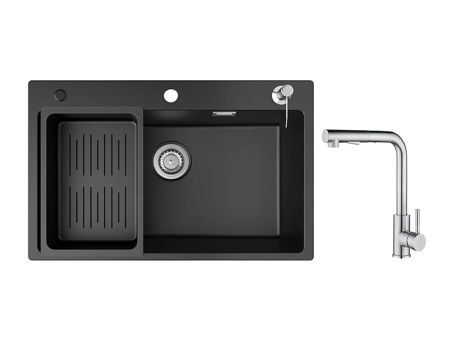 Cecipa max Evier 1 Bac en Quartz et Résine avec Panier de Vidange et Distributeur de Savon 70x45cm+Mitigeur Cuisine Brossé avec Douchette Extractible