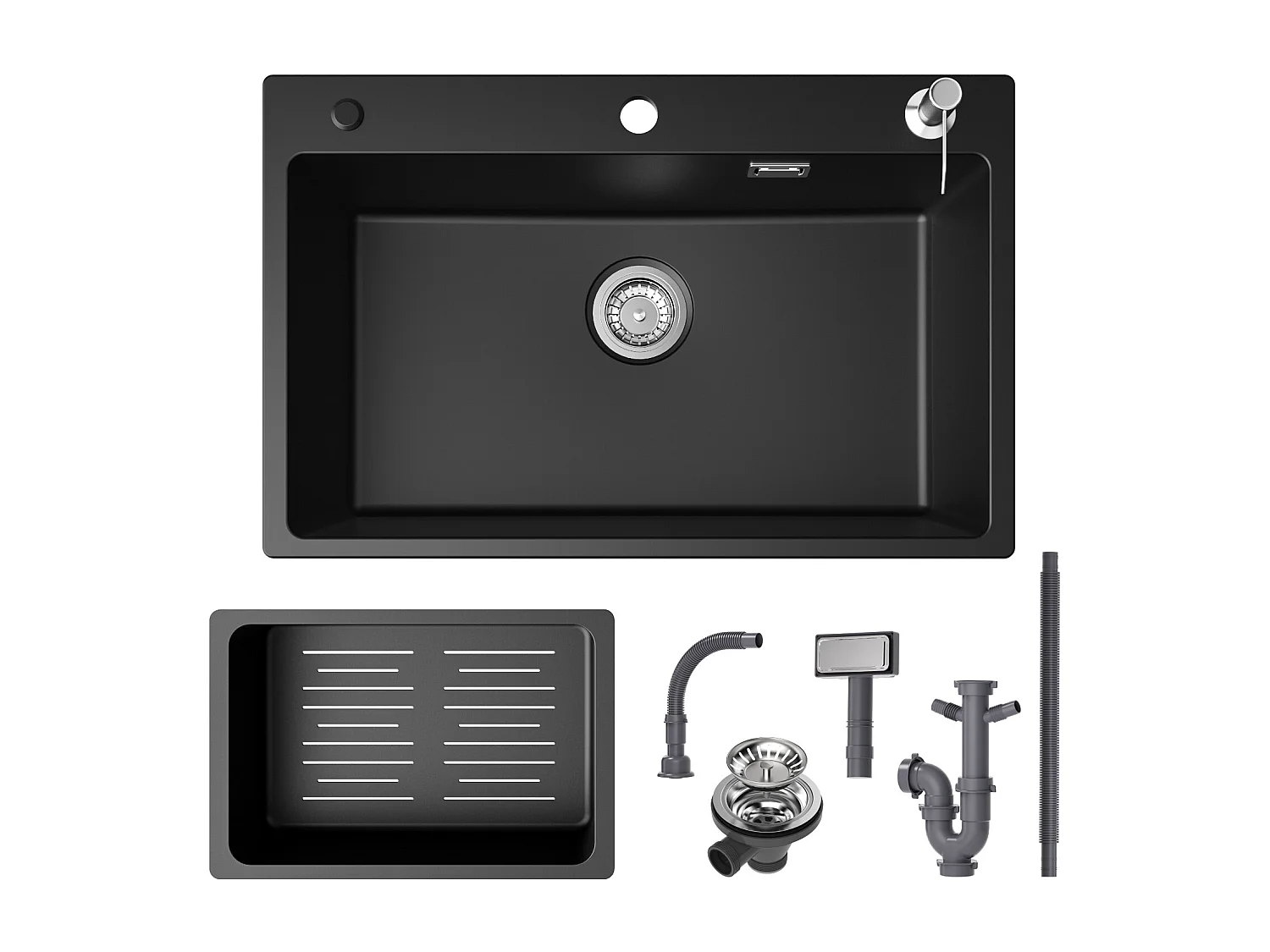 Cecipa max Evier 1 Bac en Quartz et Résine avec Panier de Vidange et Distributeur de Savon 70x45cm+Mitigeur Cuisine Brossé avec Douchette Extractible