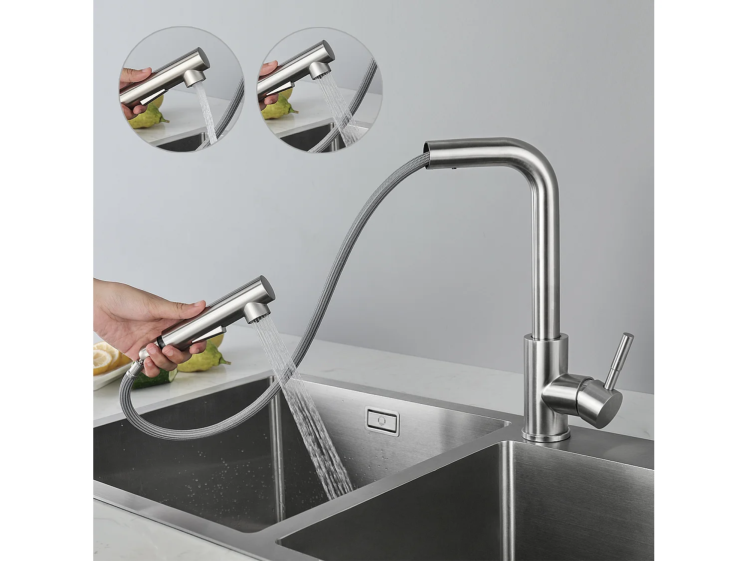 Cecipa max Evier 1 Bac en Quartz et Résine avec Panier de Vidange et Distributeur de Savon 70x45cm+Mitigeur Cuisine Brossé avec Douchette Extractible