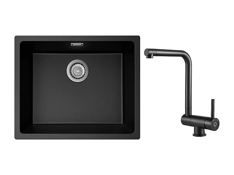 Fregadero de 1 seno de cuarzo y resina, 3 opciones de montaje, 55*44*20 cm + grifo de cocina monomando plegable negro