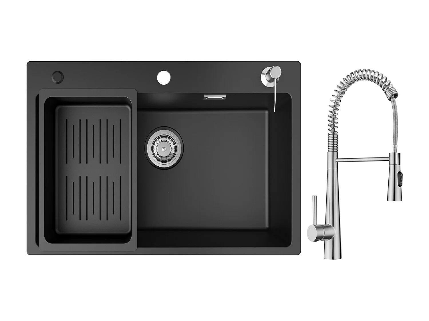 Lavello Cecipa max in Quarzo 70x45cm con Piletta e Dosatore Sapone + Miscelatore con Doccia Estraibile, 3 Modalità di Uscita Acqua