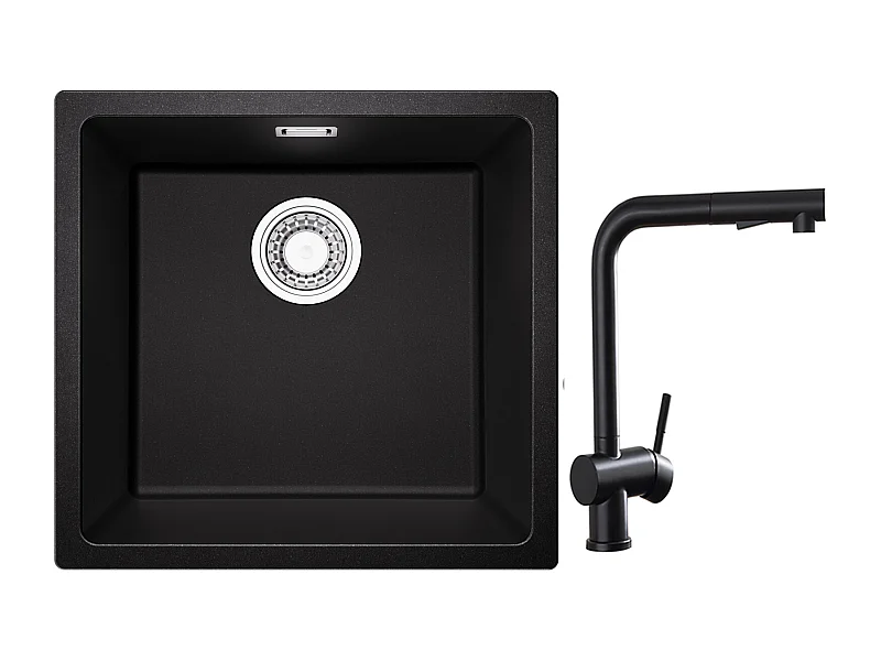 CECIPA MAX Fregadero 1 Seno en Cuarzo y Resina Negro Gris 45*44*20cm + Grifo de Cocina con Ducha Extraíble, Mezclador de Fregadero Negro