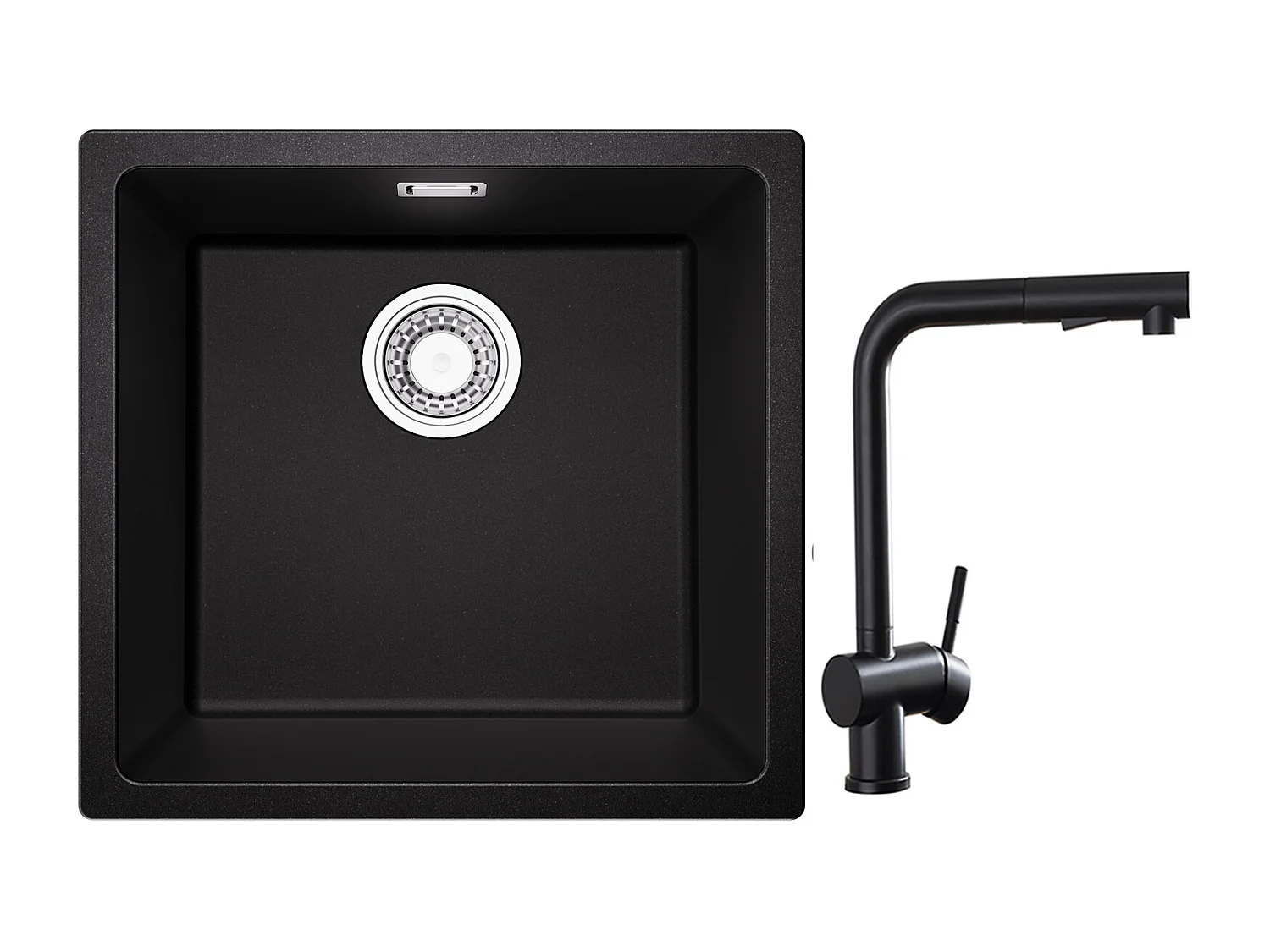 CECIPA MAX Evier 1 Bac en Quartz et Résine Noir Gris 45*44*20cm + Robinet Cuisine avec Douchette Extractible, Mitigeur d'évier Noir